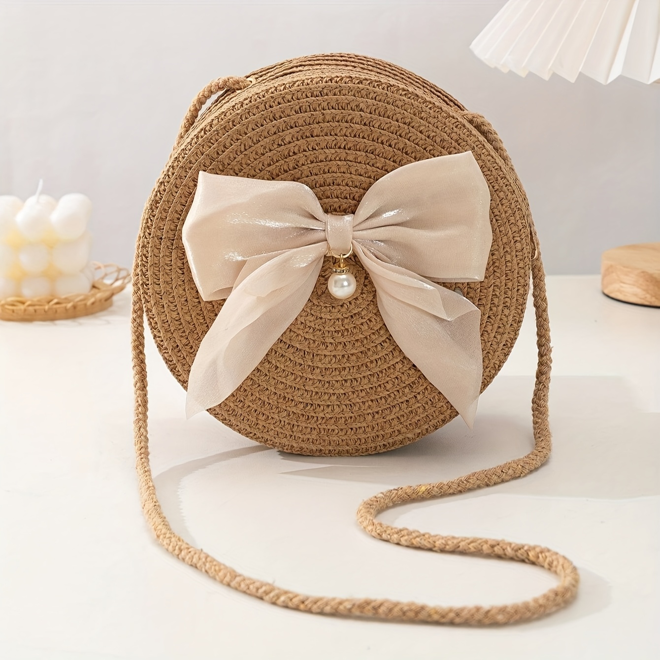 Interior Design Style - Elegant Round Straw Crossbody Bag with